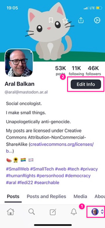 Screenshot of Mastodon iOS native client showing the profile button and the Edit info button highlighted and labelled 1 and 2, respectively.