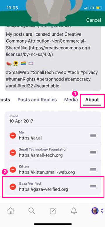 Screenshot of Mastodon iOS native client showing the About tab and the added Gaza Verified link pointing to https://gaza-verified.org highlighted.