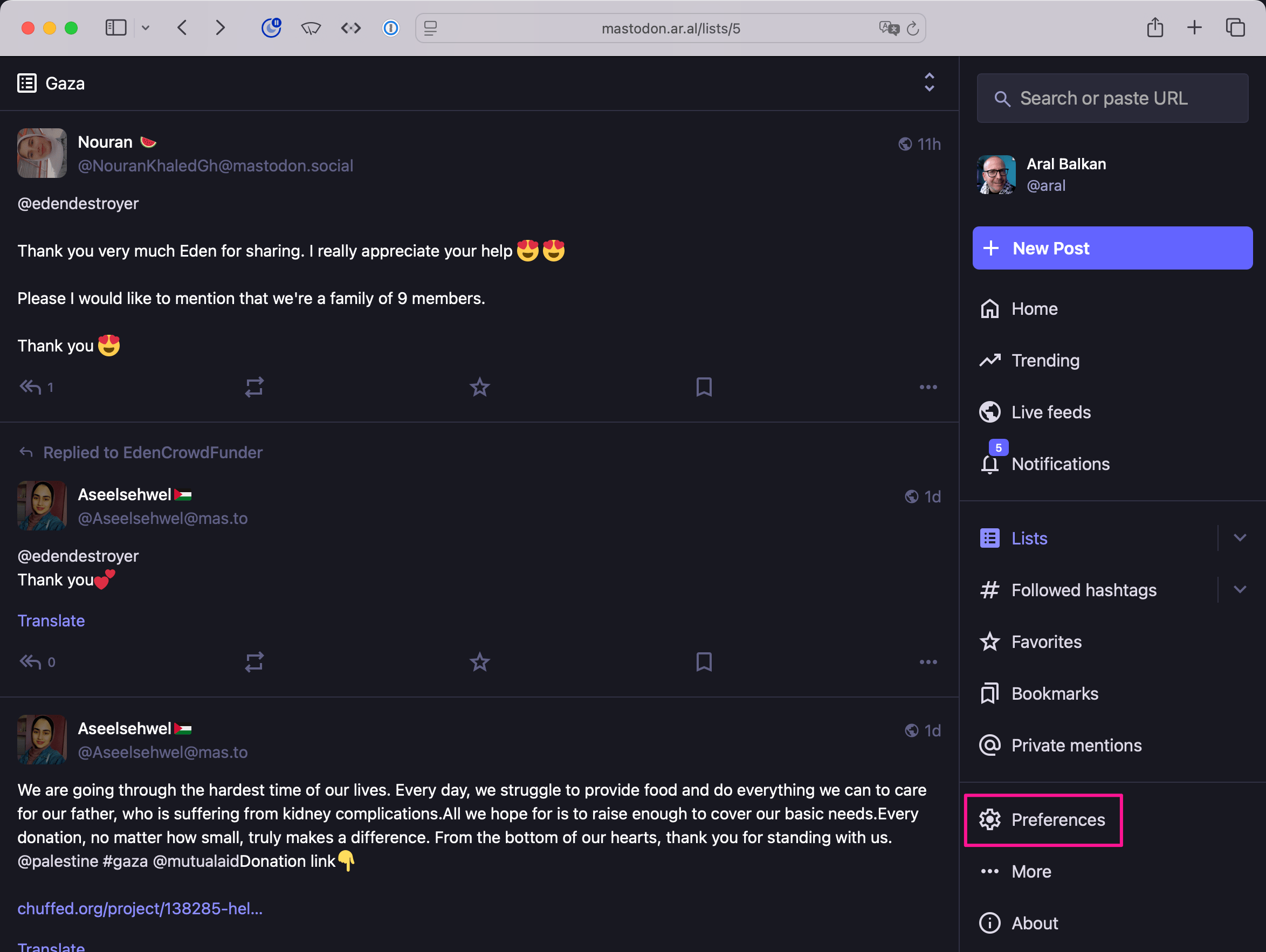Screenshot of Mastodon web interface, showing the Preferences button highlighted