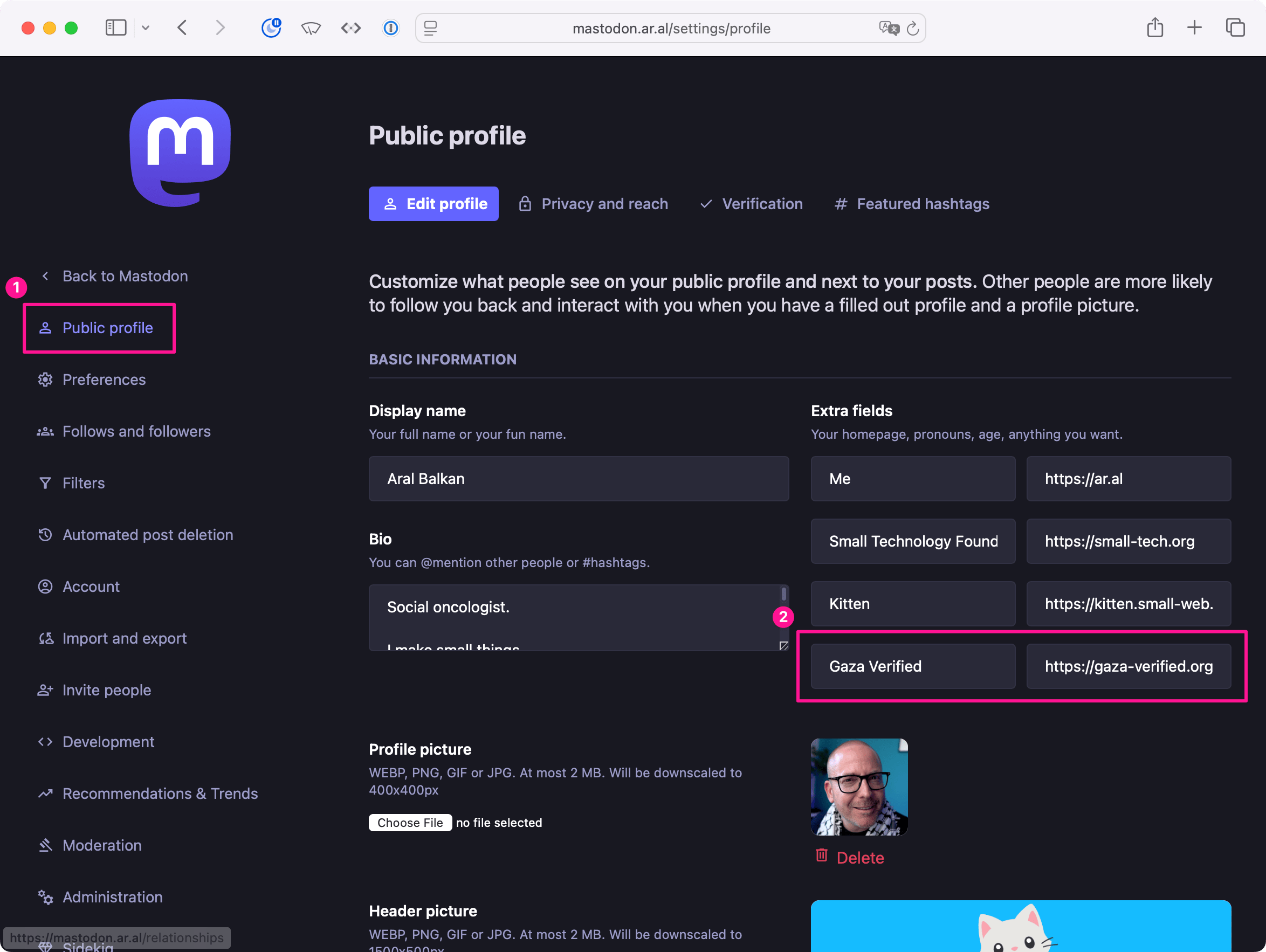 Screenshot of Mastodon web interface, showing the Public profile link and the Gaza Verified link pointing to https://gaza-verified.org highlighted